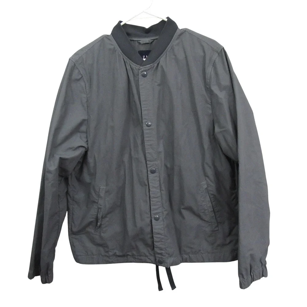 Gap‎ Mens Bomber Jacket L Gray Snap Button Lightweight Drawstring Hem